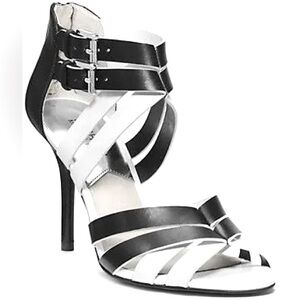 BRAND NEW - MICHAEL Michael Kors Cammie Black White Open Toe Heel Sandals 8.5